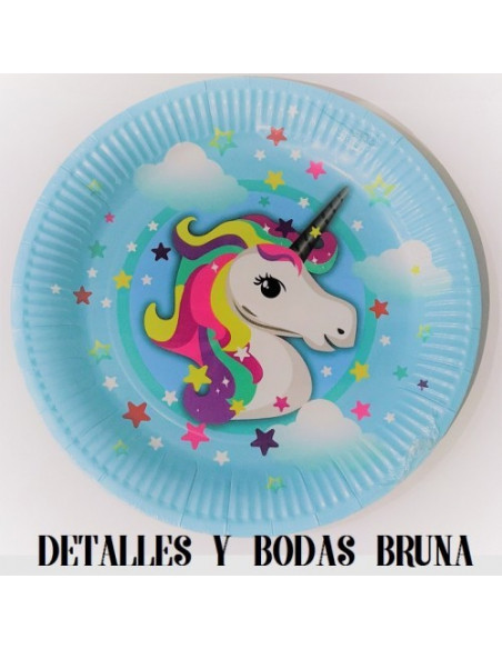 Platos Unicornio Azul Grandes 8 Unidades