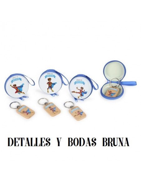 Monedero heroe niño y llavero madera