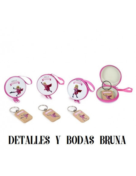 Monedero heroe niña y llavero madera