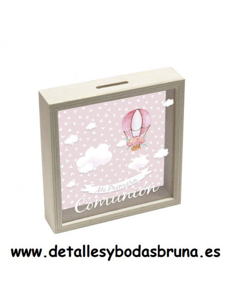 Hucha Marco Comunión Globo y Nubes Rosa