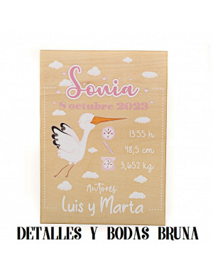 Cartel de Madera Nacimiento de Bebé Niña Cigüeña
