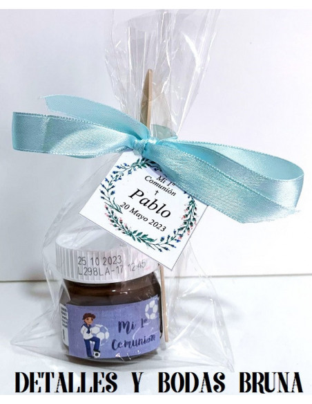 Mini Nutella Personalizada con Bolsa Lazo y Cuchara Comunión