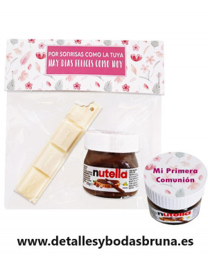 Nutella con Boli Chocolate Blanco para Comunión con Presentación Flores Rosa