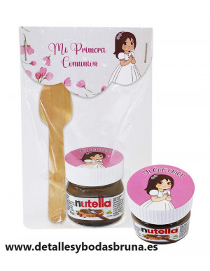 Mini Nutella con Cuchara para Comunión Niña Rosa