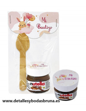 Mini Nutella con cuchara para Bautizo Conejito Rosa