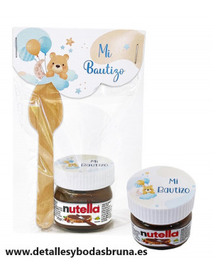 Mini Nutella con Cuchara para Bautizo Osito Azul