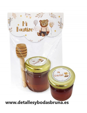 Tarro de Miel para Bautizo con Palito de Madera con...