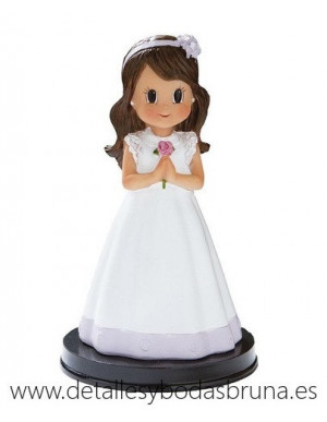 Figura Niña de Comunión Felpa Lila y Flor Rosa
