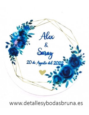 Etiqueta Adhesiva Personalizada Boda Flores Azul