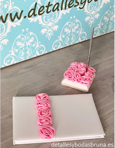 Libro de Firmas Saten Rosa y Bolígrafo