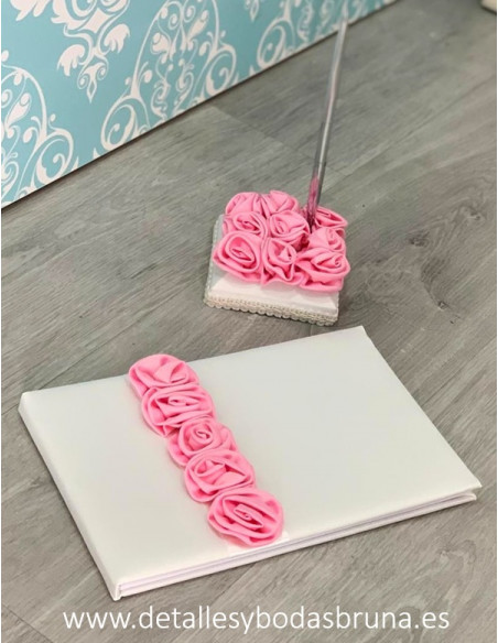 Libro de Firmas  Rosas color Rosa y Bolígrafo