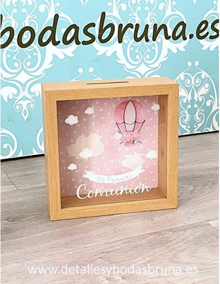 Hucha Marco Comunión Globo y Nubes Rosa
