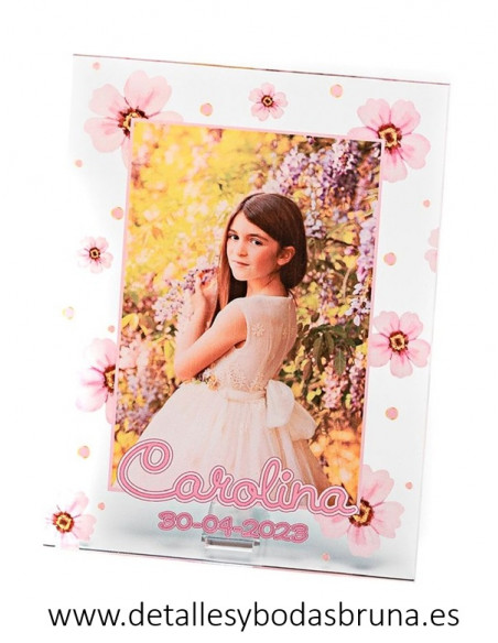 Marco Portafotos para Comunión Personalizado de Metacrilato con Flores