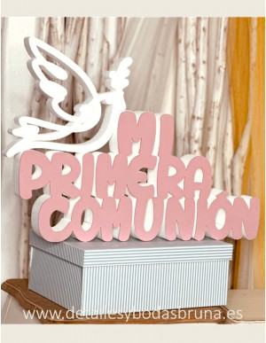 Nombre en Corcho Mi Primera Comunión Rosa con Paloma
