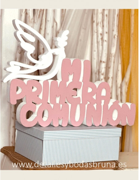 Nombre en Corcho Mi Primera Comunión Rosa con Paloma