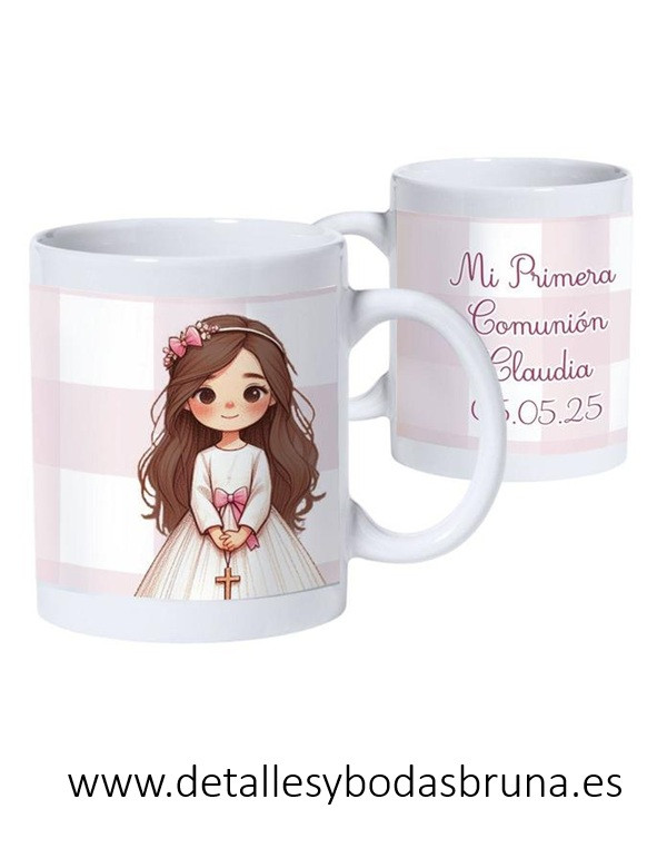 Taza Personalizada para Comunión Niña Cuadros Rosa
