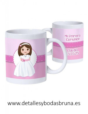 Taza para Comunión personalizada Niña Rayas Rosa