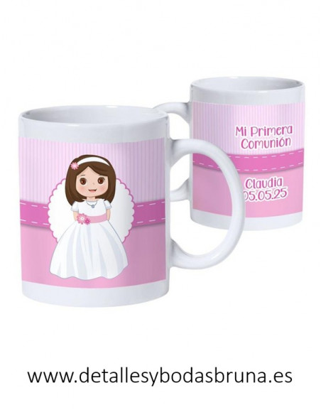Taza para Comunión personalizada Niña Rayas Rosa