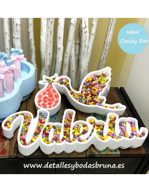 Nombre de Corcho Candy Bar para Bautizo Cigüeña