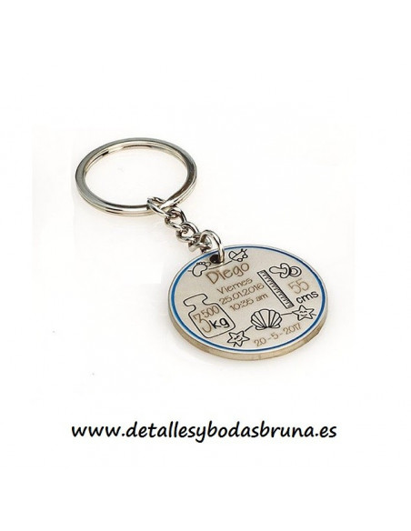 Llavero de Metal Datos Nacimiento Bebe Celeste Grabado