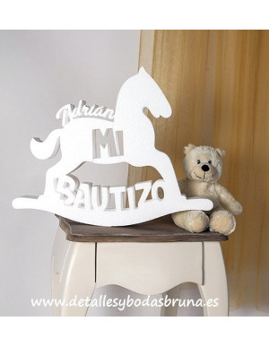 Caballito con Nombre de Corcho Blanco para Bautizo