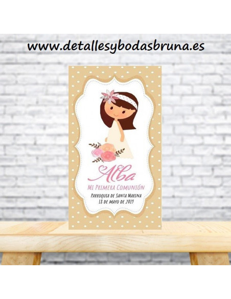 Recordatorio de Comunión Niña Topos y Flores Rosa