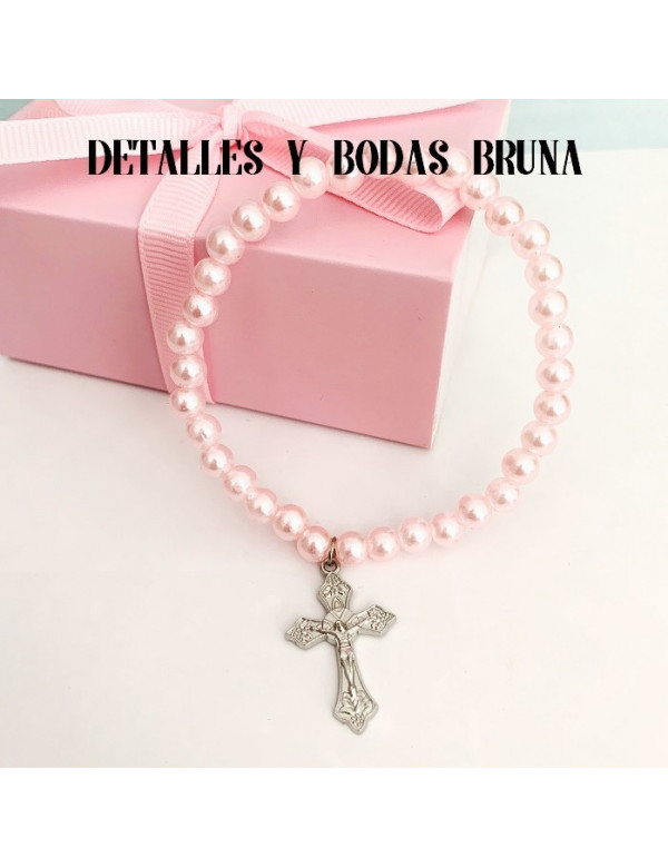 Pulsera Cruz Comunión Perlas Rosa