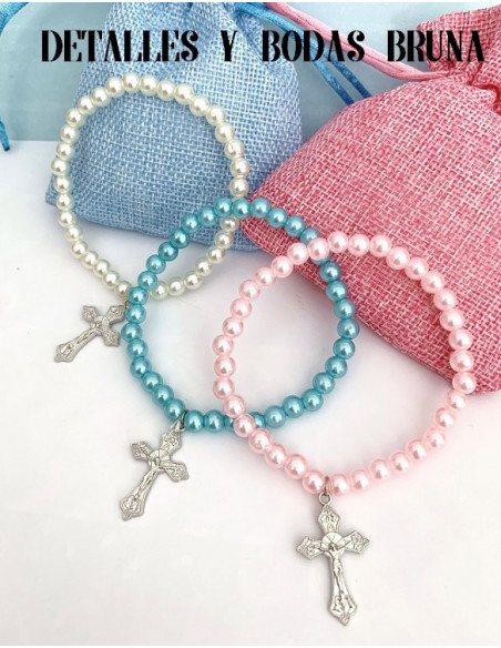 Pulsera Cruz Comunión Perlas Rosa