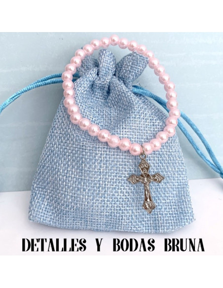 Pulsera Cruz Comunión Perlas Rosa