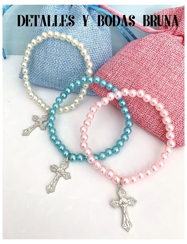 Pulsera Cruz Comunión Perlas Blancas