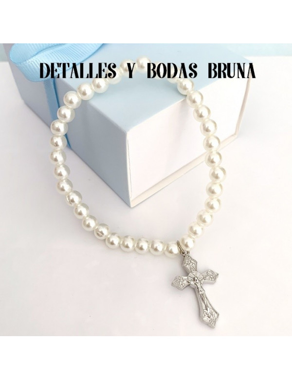 Pulsera Cruz Comunión Perlas Blancas