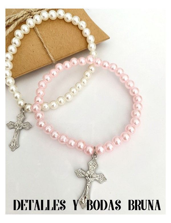Pulsera Cruz Comunión Perlas Blancas