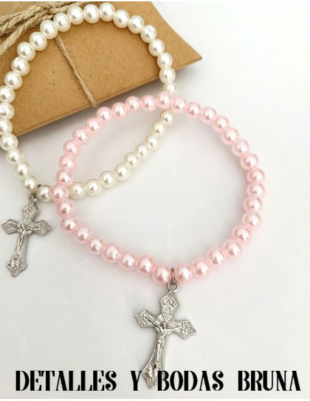 Pulsera Cruz Comunión Perlas Blancas